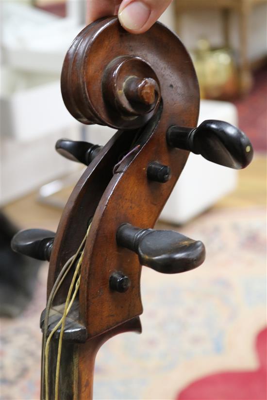 A full sized cello bearing label Arthur Richardson ... and two bows (one silver mounted), the other signed Wilhelm ... uhl